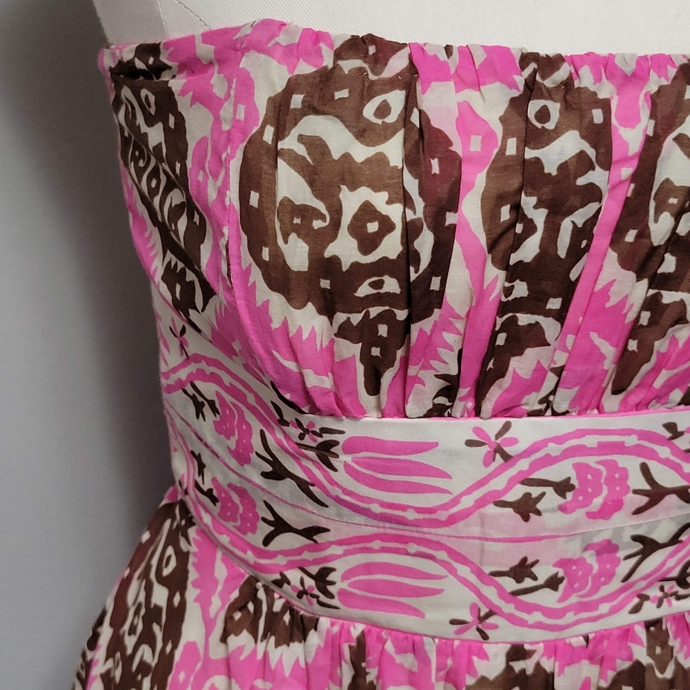 Anthro Plenty by Tracy Reese pink brown geo strapless silk blend dress size 6 - Picture 2 of 8